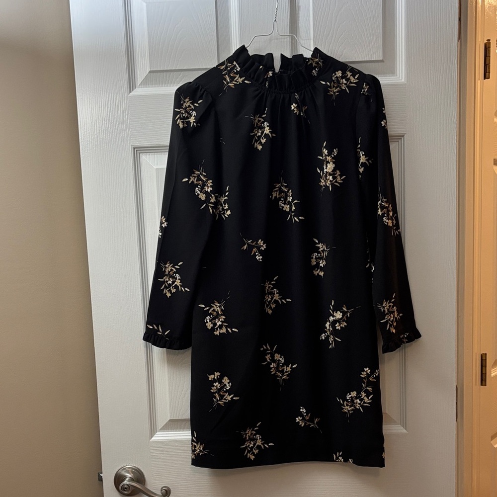 J. Crew Factory Petite Black Floral Long Sleeve Dress